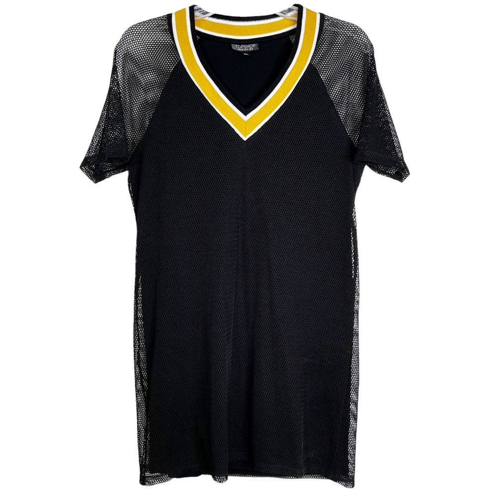 Topshop Short Sleeve Mesh Overlay Mini Dress Black Gold Women’s Sz 4